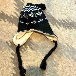 Grey wool, winter hat with fleece lining, one size and unisex with front ties